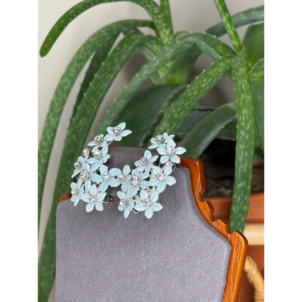 Vintage Coro Blue Enamel Flower Rhinestone Earrings | 1950s Floral Clip Ons - Picture 3 of 10